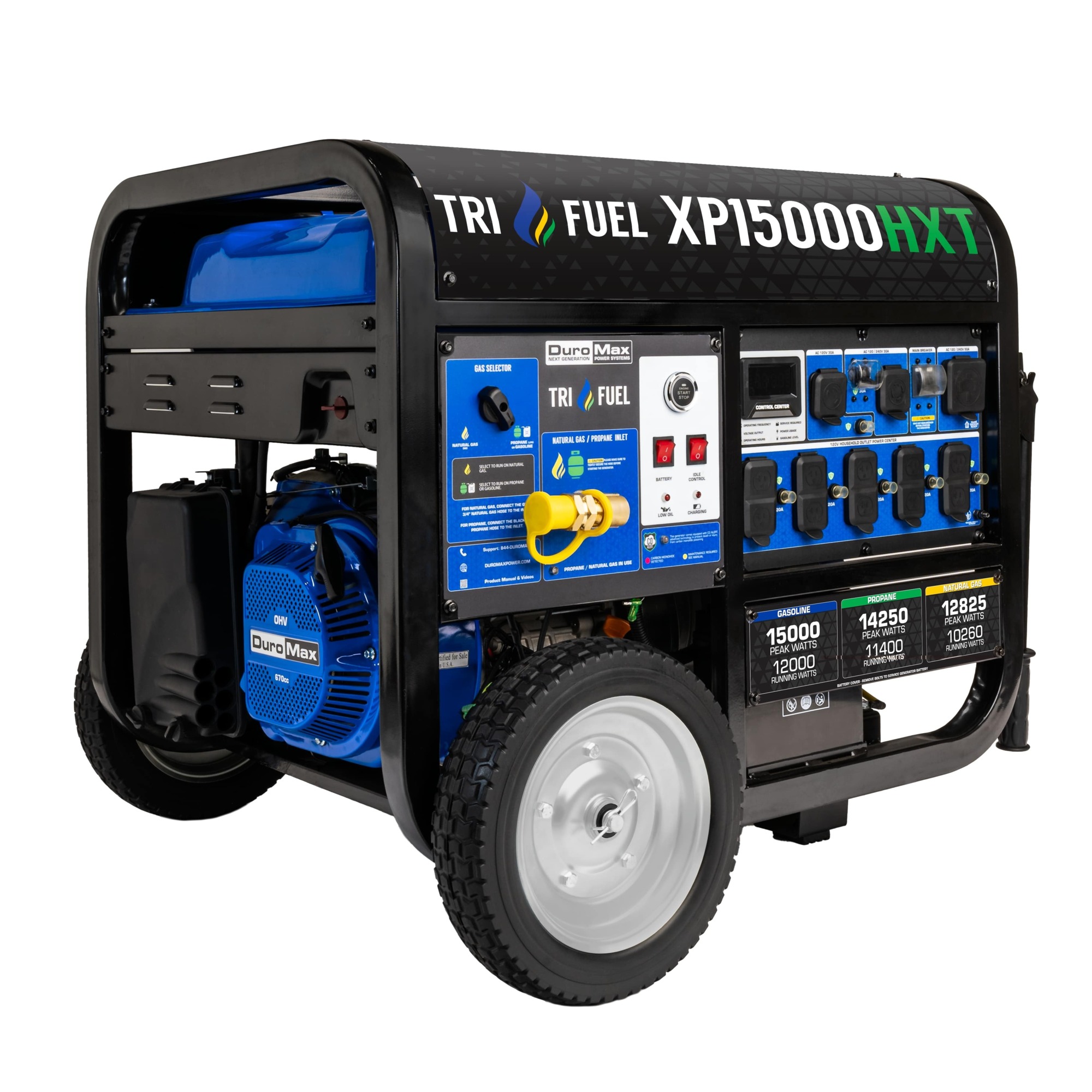 DuroMax, Tri Fuel Portable Generator, Surge Watts 15000 Rated Watts 12000 Voltage 120/240 Model# XP15000HXT